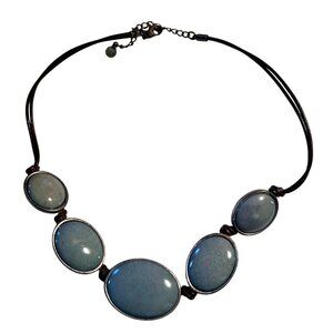 Vintage-Inspired Blue Oval Stone Boho Necklace With Black Cord & Adjustable Clas